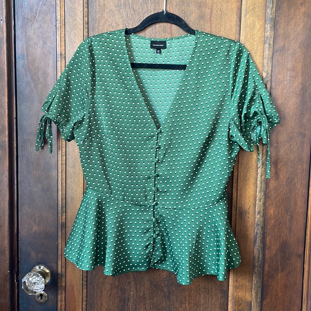 Who What Wear Silky Button Down Peplum Top WMS M Bow Tie Sleeve Detail Green